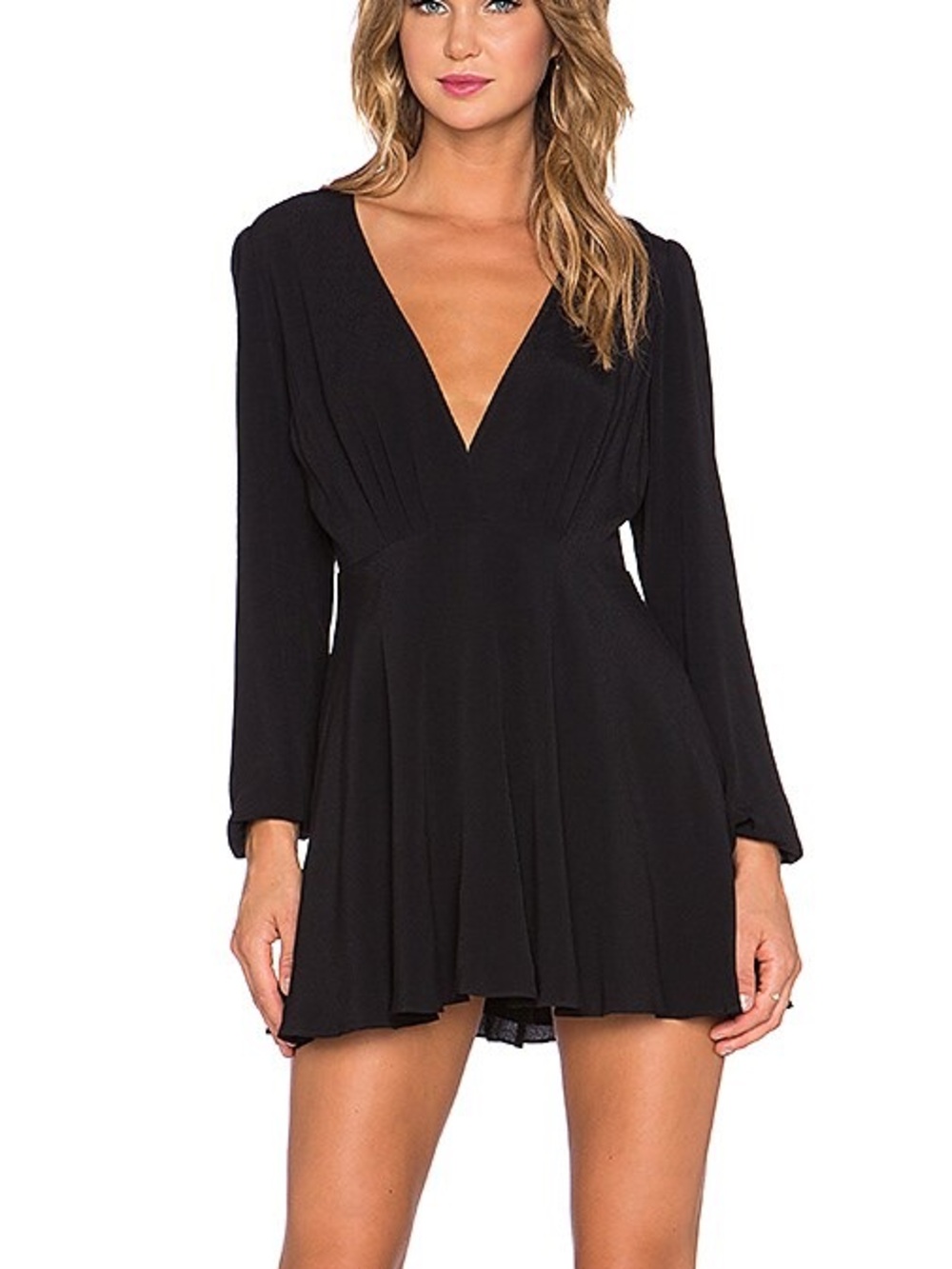 Lovers + Friends Revolve Long Sleeve Shimmy Fit & Flare Plunging Neckline Mini
